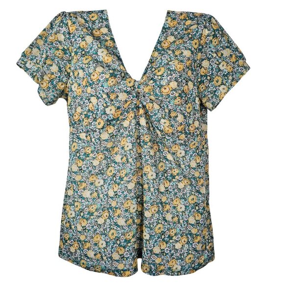 Vintage Y2K Elementz Floral V-Neck Short Sleeve Top Yellow & Blue Polyester M - Picture 1 of 9
